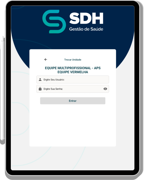 Mockup do app do SDH num tablet